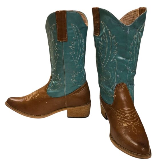 Turquoise and Brown Western Cowboy Boots Ladies Size 8 Synthetic Distressed - Picture 4 of 15